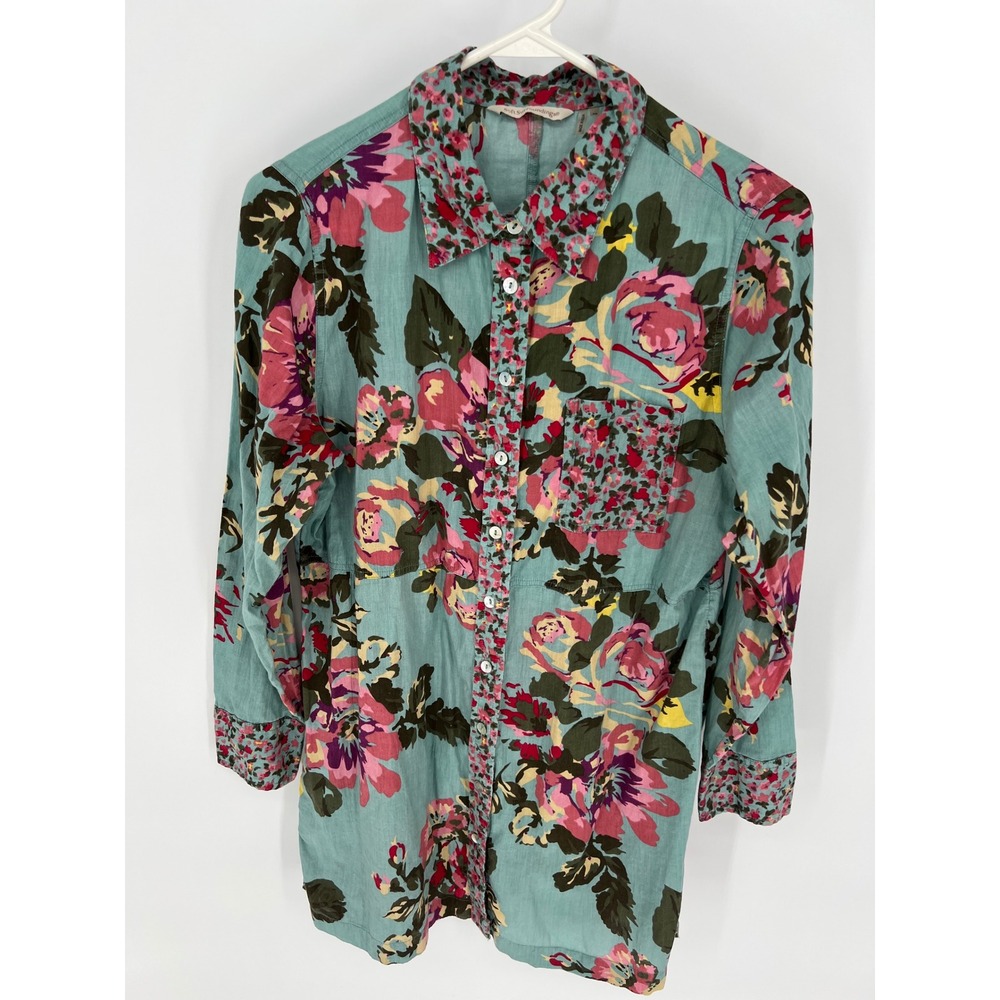 SOFT SURROUNDINGS Scattered Roses Floral Tunic Women PS Teal Pink Cotton Buttons